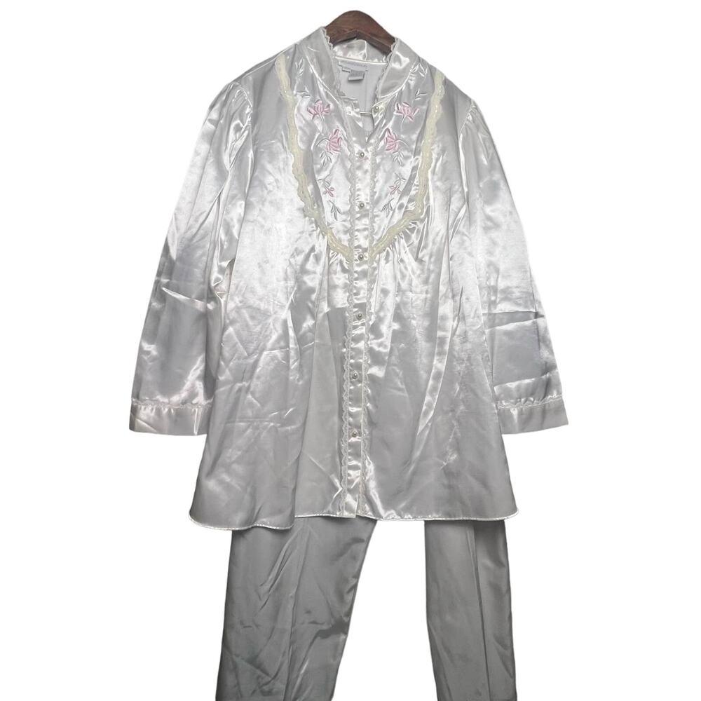 MISS ELAINE PAJAMA SET IVORY SATIN & LACE SZ L 14/16 VINTAGE